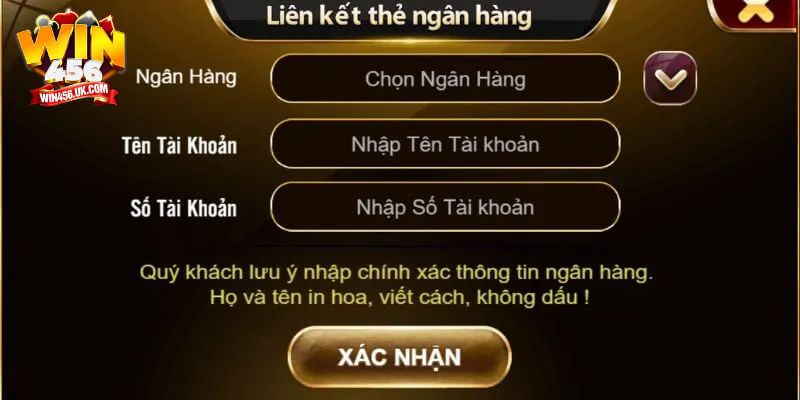 Liên kết ngân hàng để rút tiền Win456 nhanh chóng.